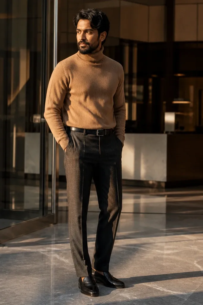 Camel turtleneck sweater with charcoal wool trousers and black loafers