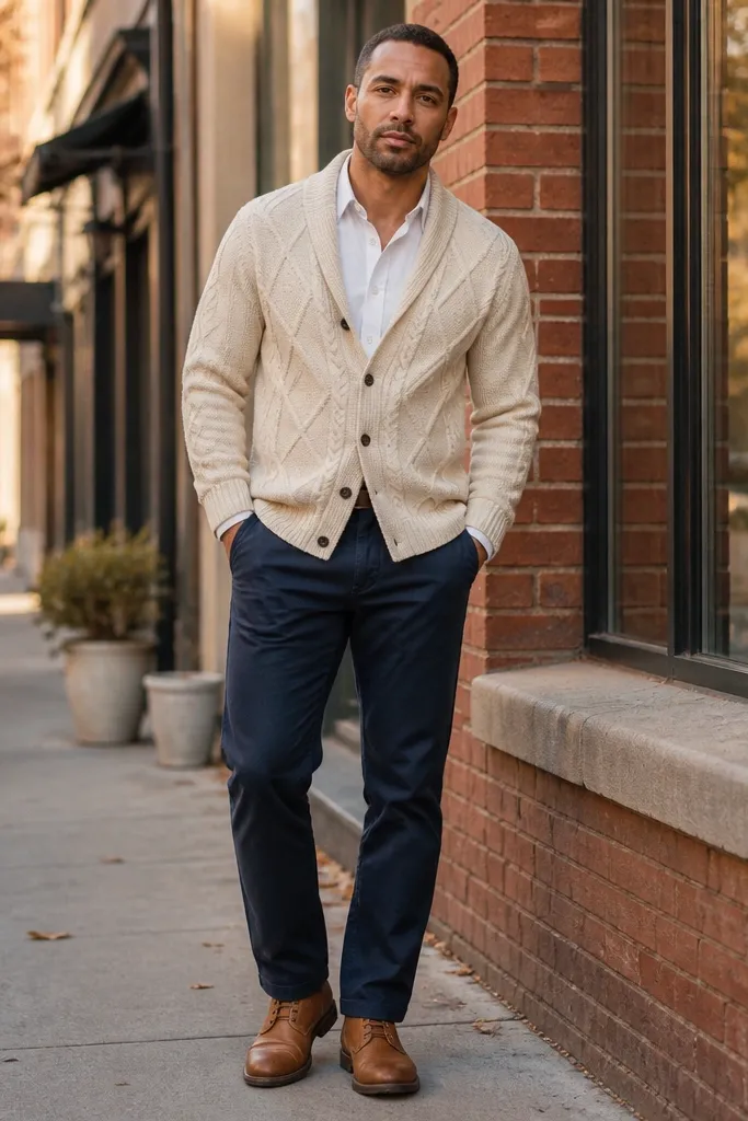 Cream cable-knit cardigan over a white shirt with navy chinos and tan boots