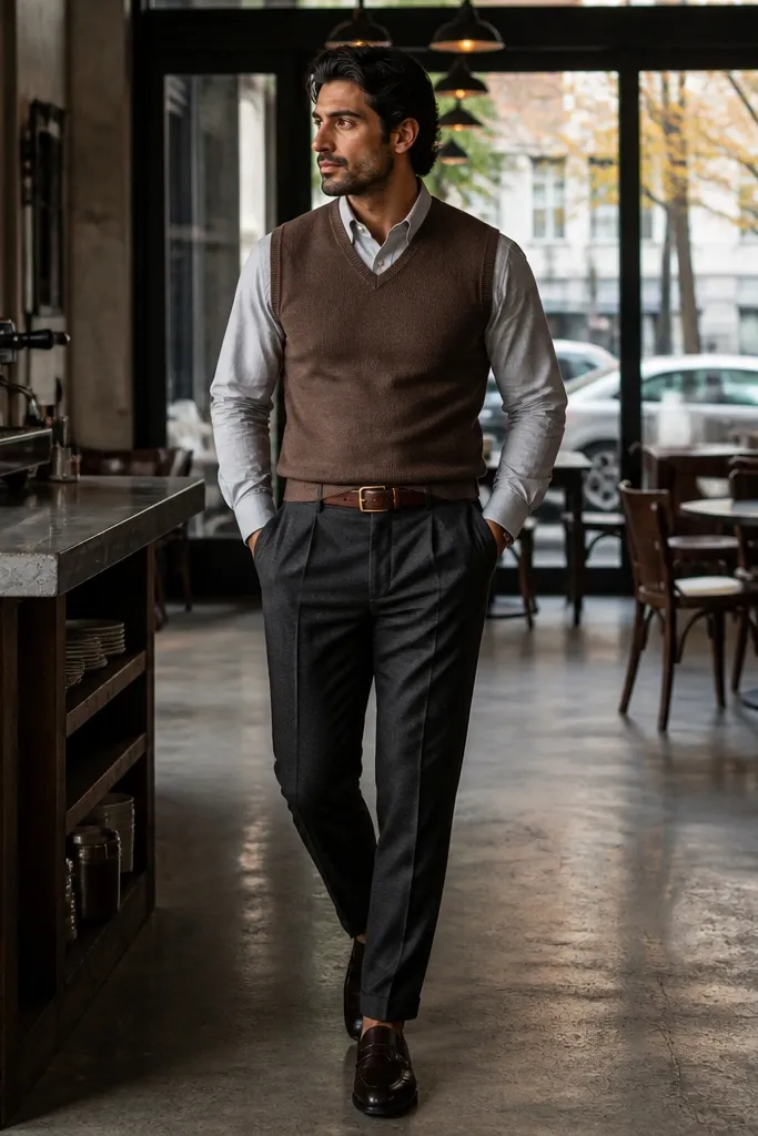 Gray oxford shirt with a brown sweater vest, dark trousers, and brown leather shoes