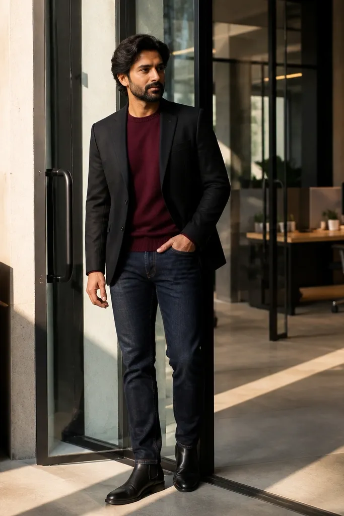 Black blazer over a burgundy crewneck with dark jeans and black Chelsea boots
