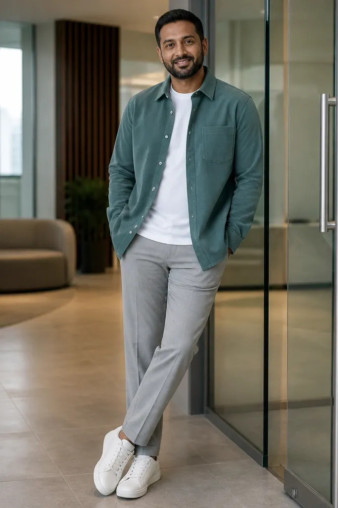 Teal overshirt over a white tee with light gray trousers and clean white leather sneakers