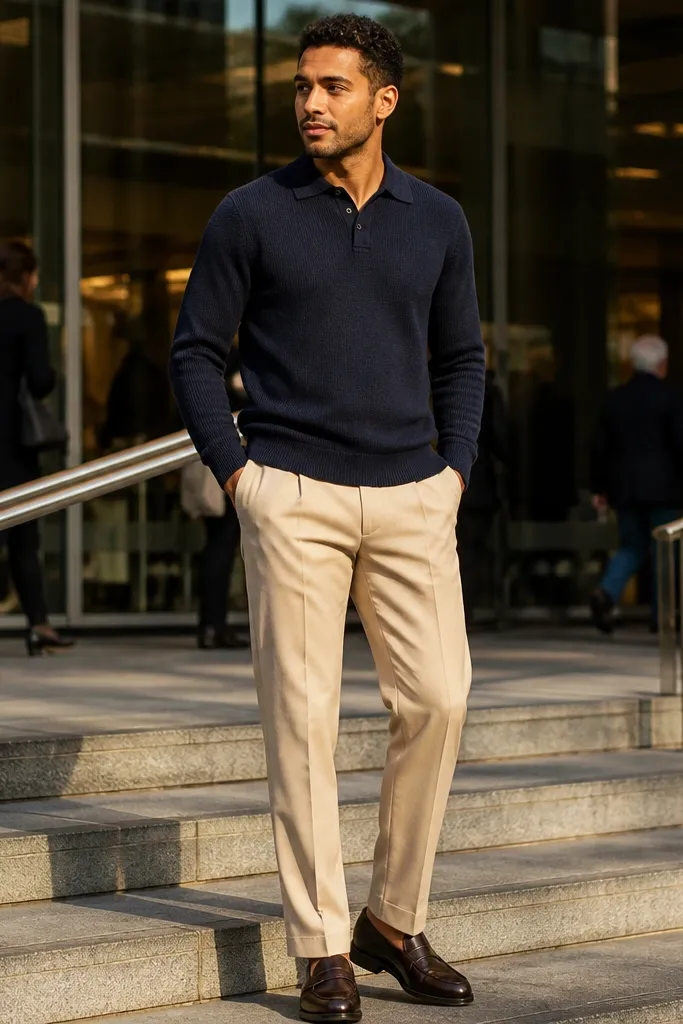 Navy sweater polo over a collared base with beige chinos and dark brown loafers