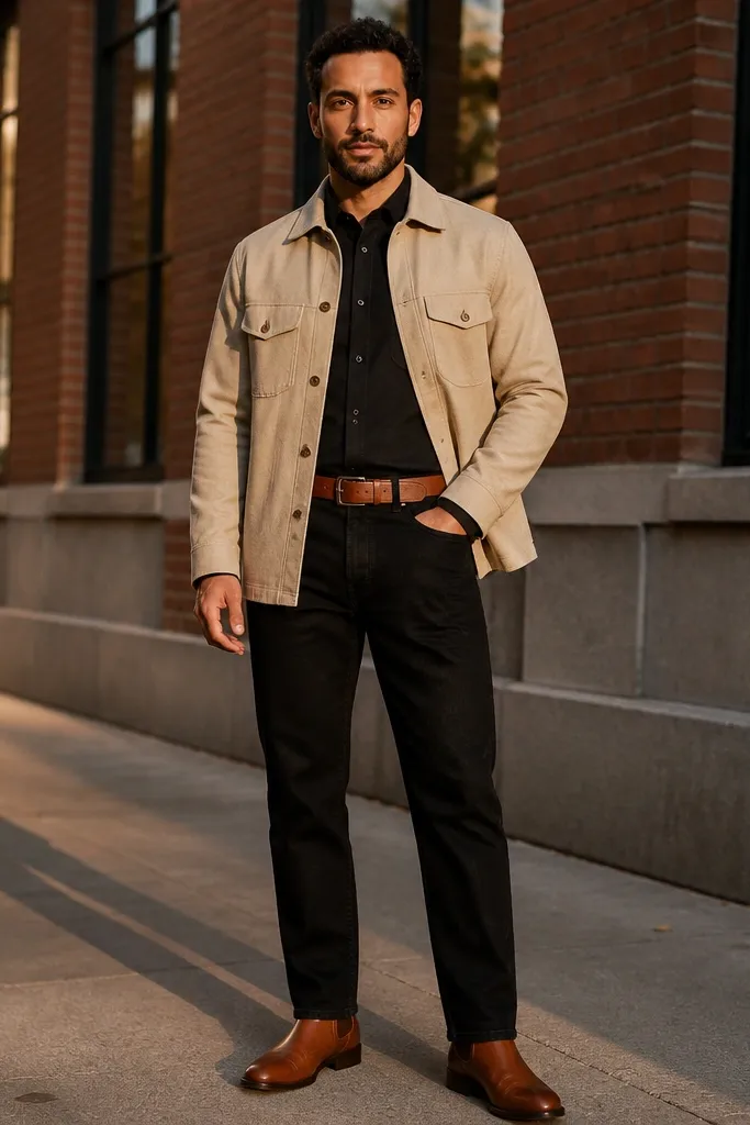 Sand overshirt over a black long-sleeve with black jeans and cognac boots