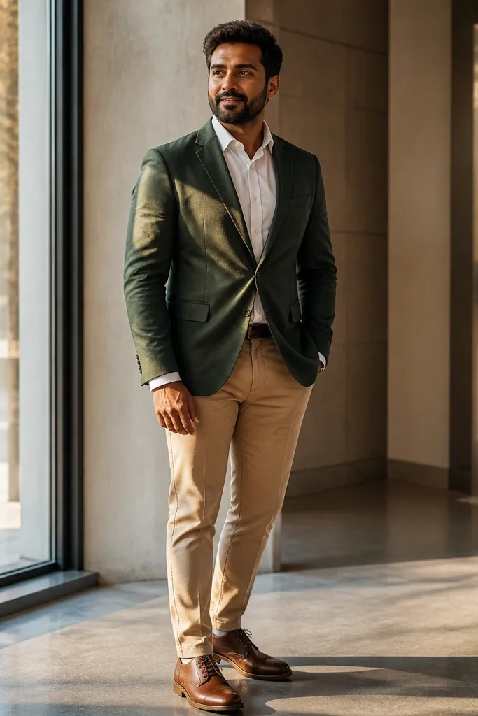Forest green blazer over a white dress shirt with tan chinos and brown leather shoes