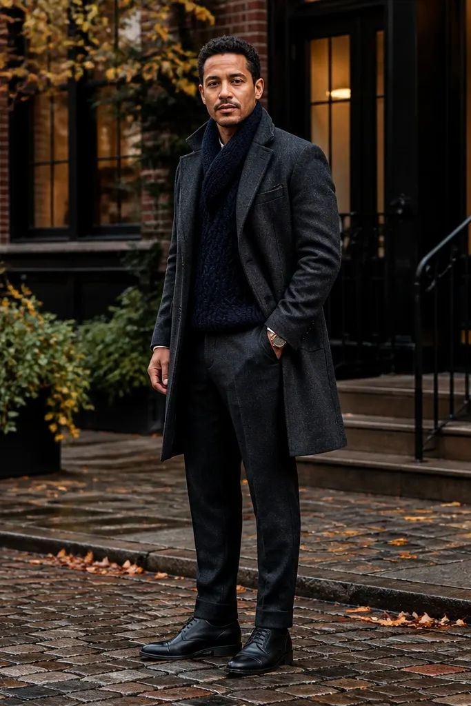Charcoal trousers with a knit scarf-style layer under a dark overcoat and dark loafers