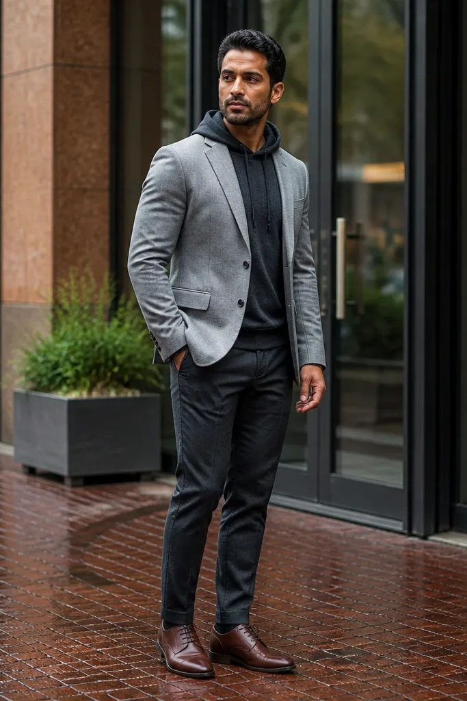 Light gray suit jacket over a neutral hoodie with dark trousers and brown derby shoes
