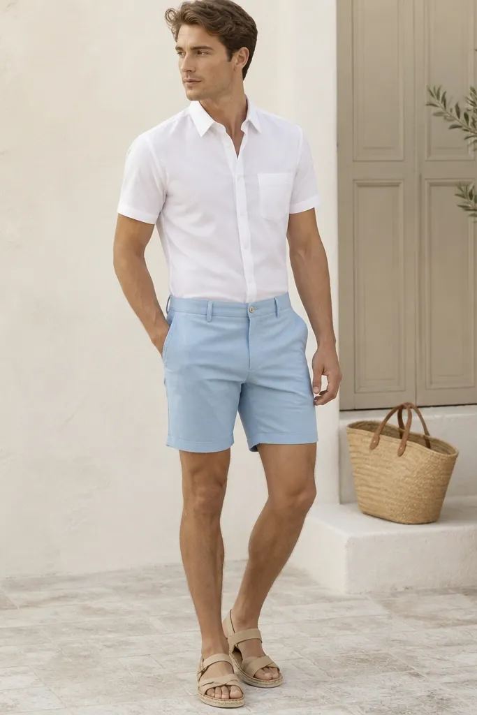 A crisp white poplin short-sleeve button-up worn tucked into sky-blue flat-front shorts. The model wears beige espadrille sandals and a straw tote in the background.