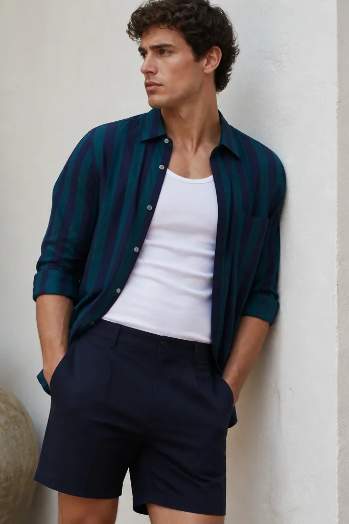A navy-and-teal striped long-sleeve button-down rolled to the forearms, worn over a plain white tank. The shorts are dark navy with a clean waistband.