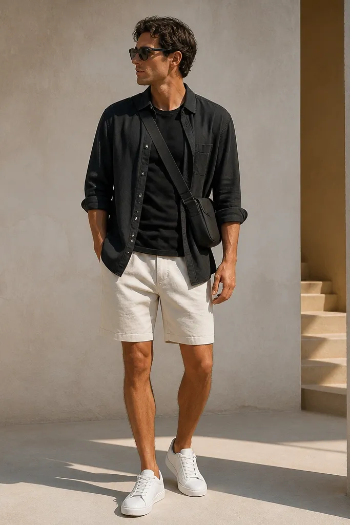 A black linen shirt worn open over a black tee, paired with ecru shorts. The model wears clean white low-top sneakers and a crossbody bag.