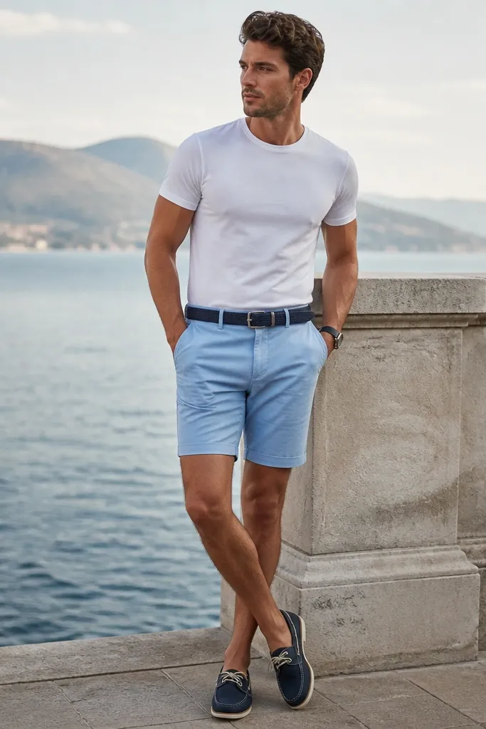 A fitted white short-sleeve tee tucked into light blue chino shorts. The model wears a navy belt, navy boat shoes, and a watch.