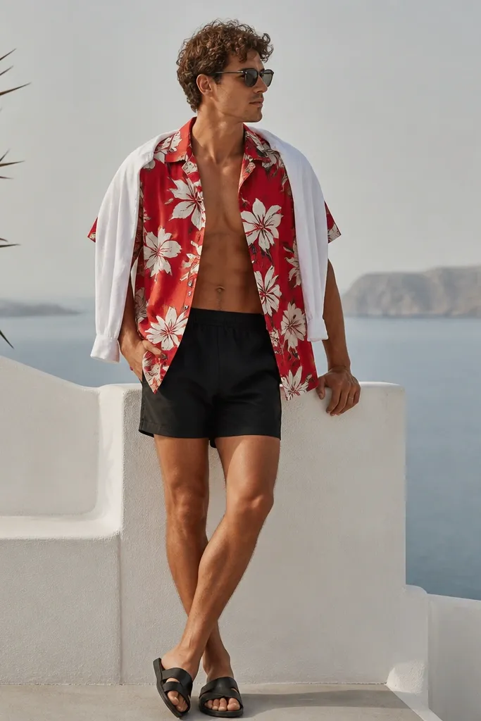 A red hibiscus-print short-sleeve shirt worn open over black swim trunks. A white lightweight overshirt is draped over the shoulders, and the model wears black slides.