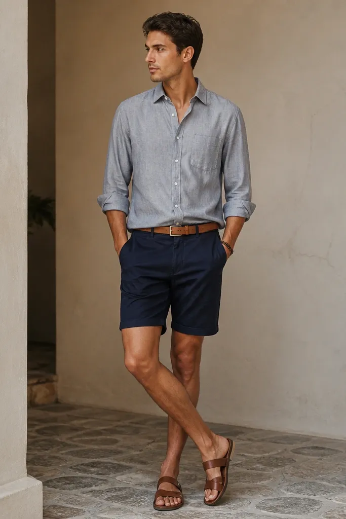 A light grey chambray button-up worn half-tucked into navy shorts. The model has a tan leather belt, brown leather sandals, and a simple bracelet.