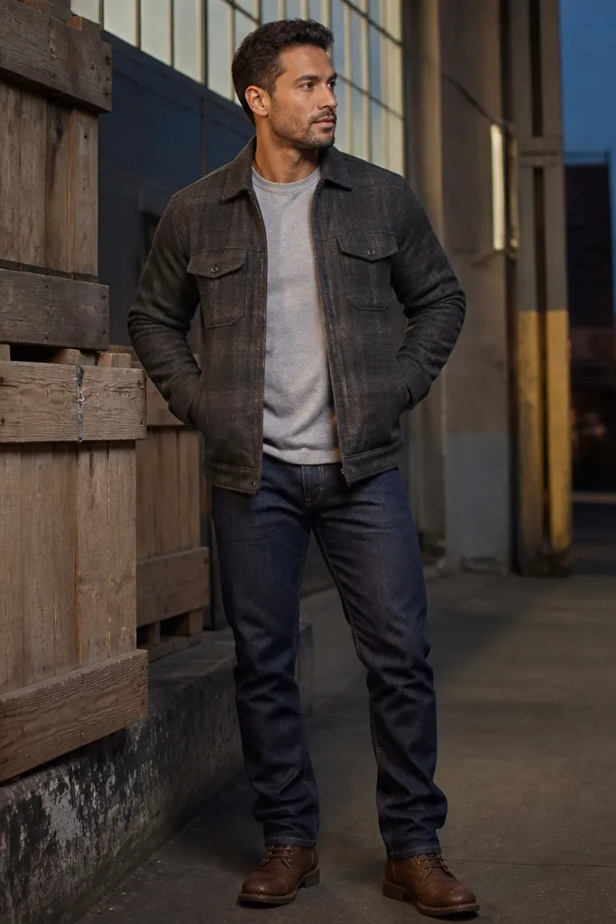 Charcoal flannel jacket with indigo straight jeans and brown leather boots