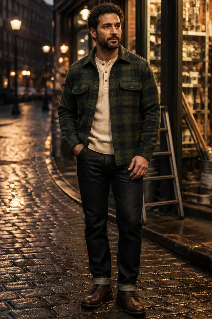 Deep green flannel jacket over a cream henley with black denim and dark shoes