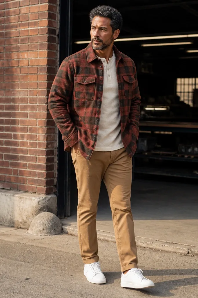 Red-brown flannel jacket with tan chinos and white sneakers