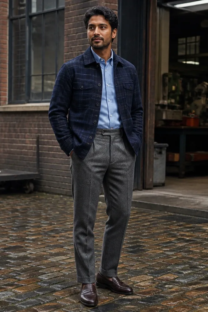 Navy flannel jacket with gray wool trousers and brown leather loafers