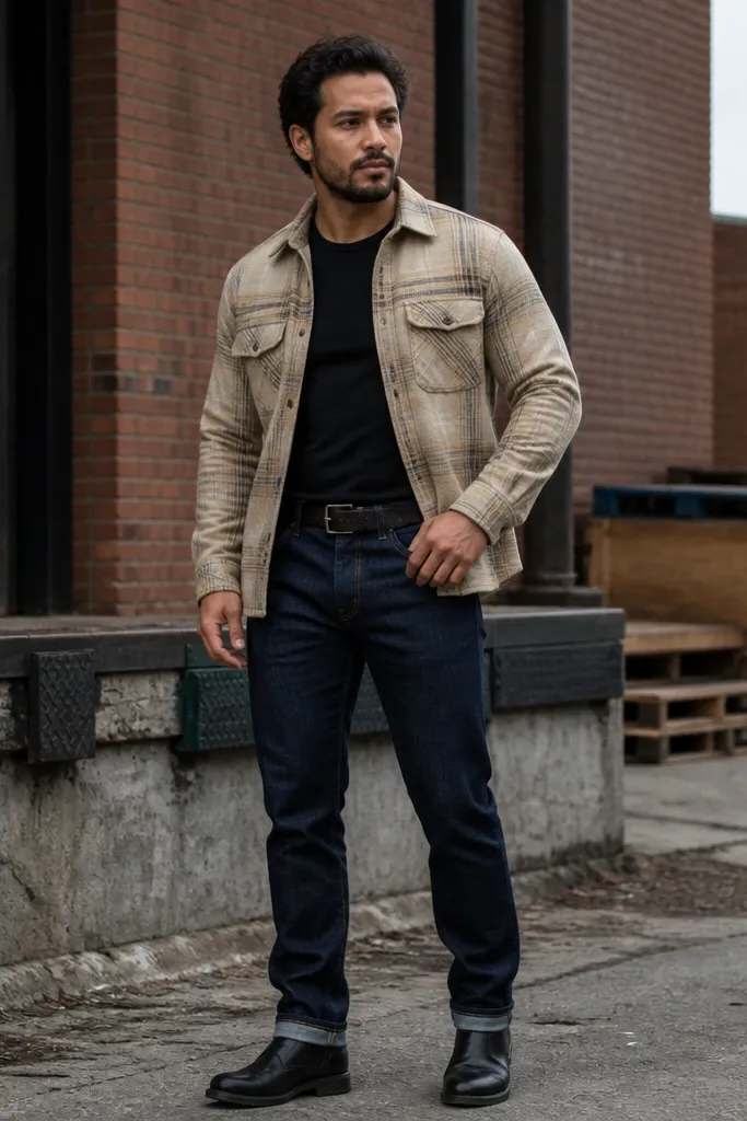 Sand beige flannel jacket with dark indigo jeans and a black tee