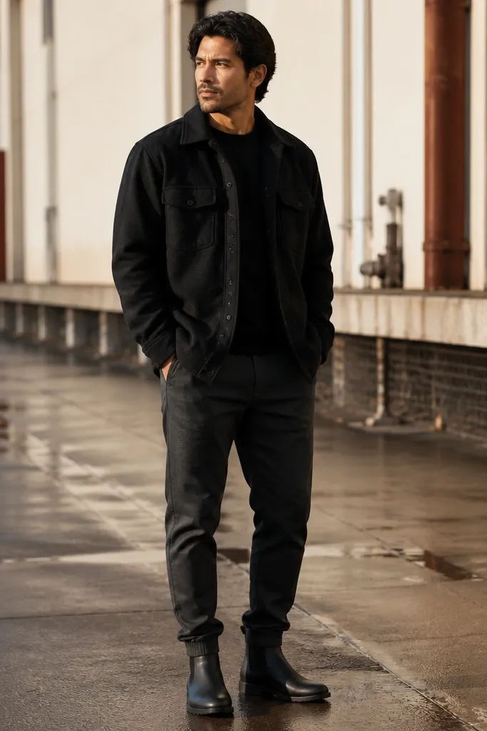 Black flannel jacket with charcoal joggers and black Chelsea boots