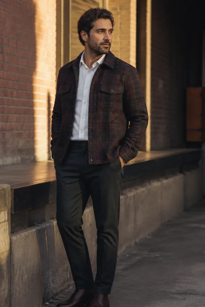 Plaid flannel jacket with dark chinos and a white button-down