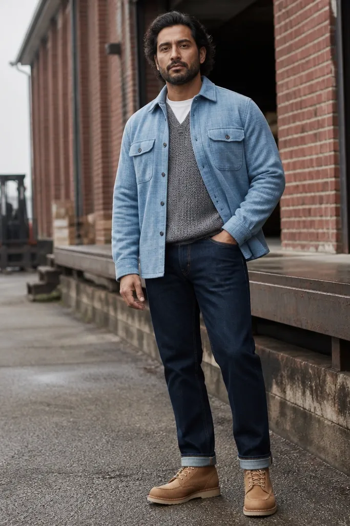 Light blue flannel jacket over a gray sweater vest with navy jeans