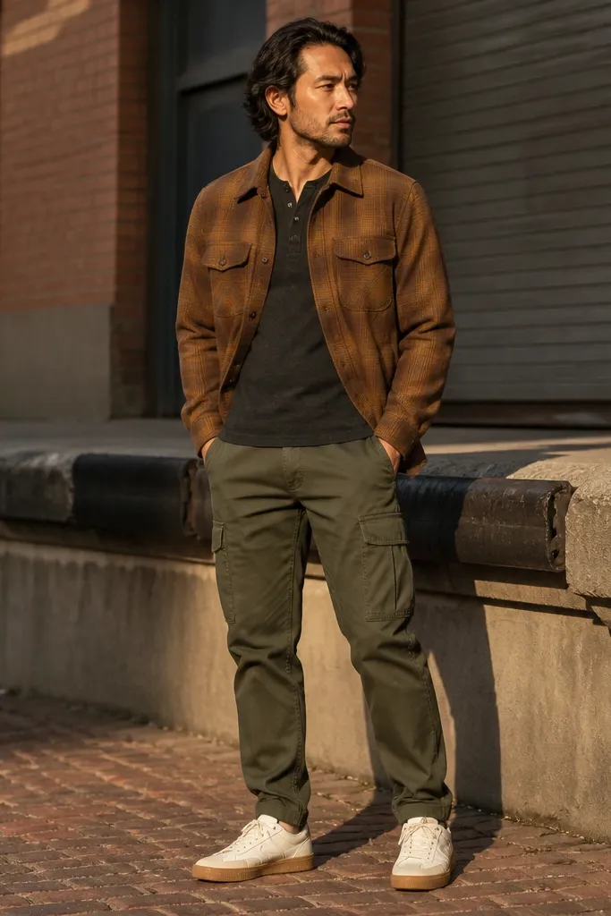 Tobacco flannel jacket with olive cargo pants and work sneakers