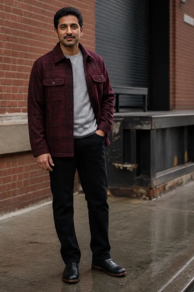 Burgundy flannel jacket over a gray crewneck with black jeans