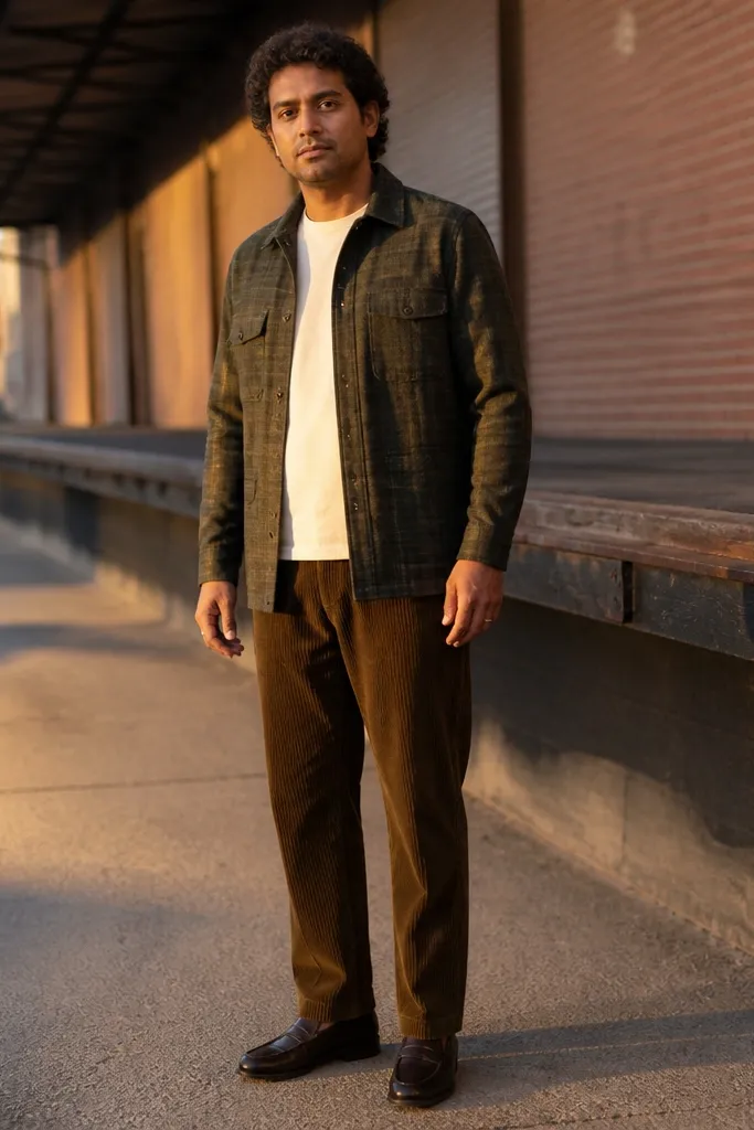 Olive flannel jacket with brown corduroy pants and brown loafers