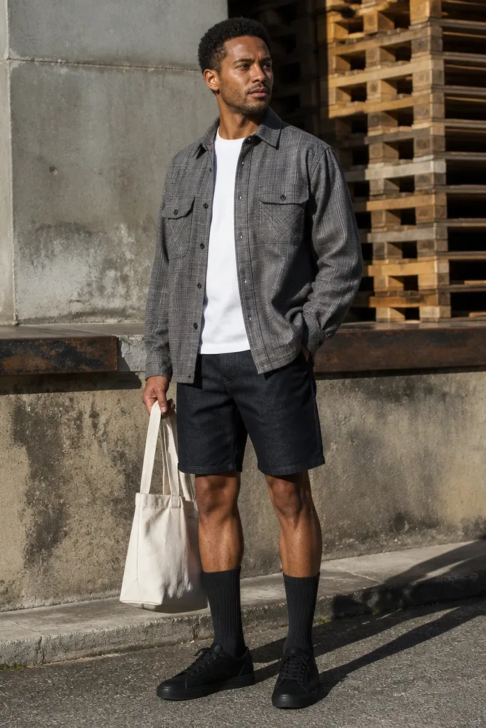 Gray flannel jacket over a tee with dark denim shorts and tall socks