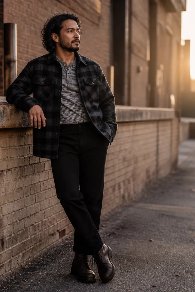 Striped henley under a flannel jacket with black work pants and leather boots