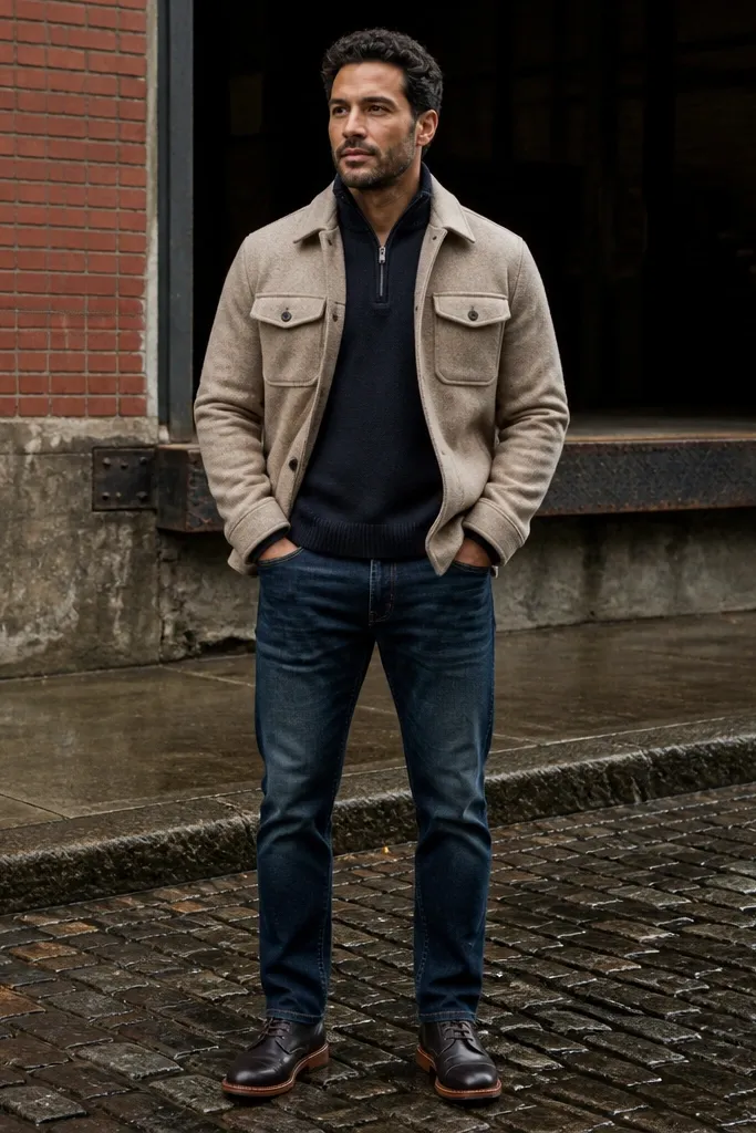 Sand flannel jacket over a navy quarter-zip with straight jeans