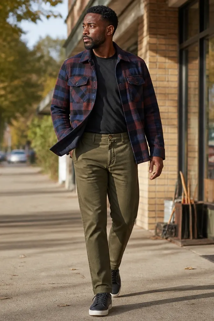 Patterned flannel jacket with olive chinos and dark sneakers