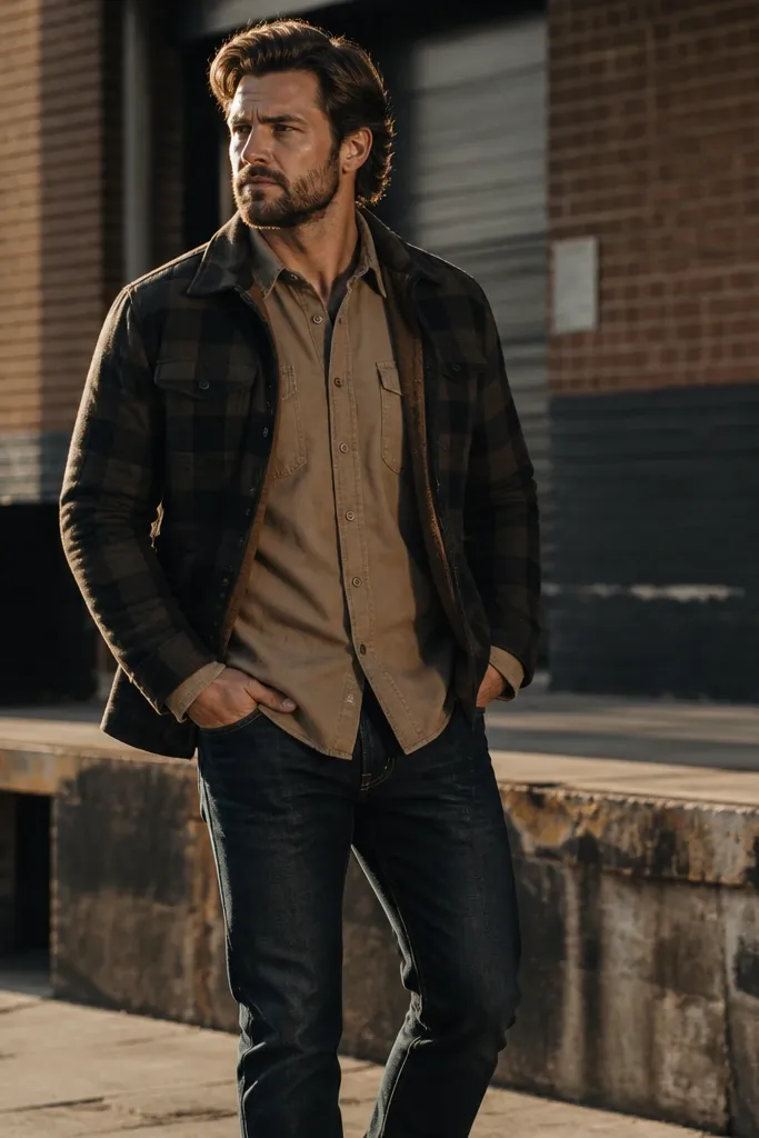 Black-and-brown flannel jacket over a tan work shirt with dark jeans