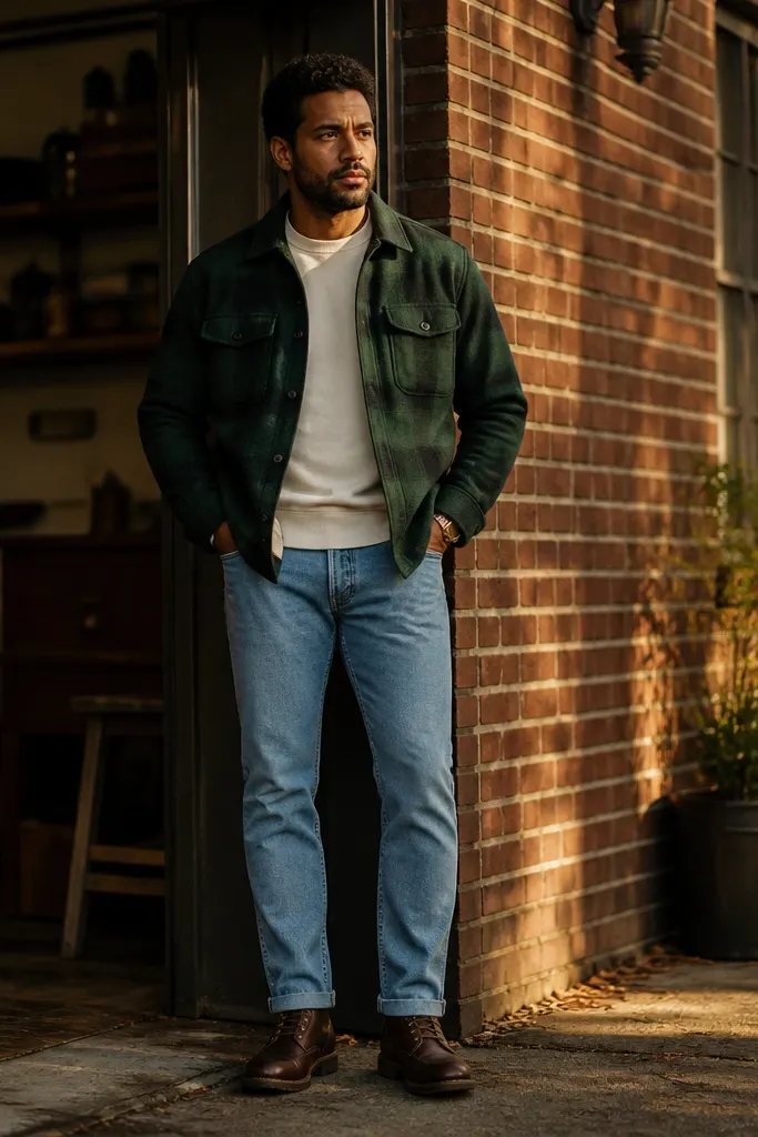 Green flannel jacket over a cream sweatshirt with light-wash jeans