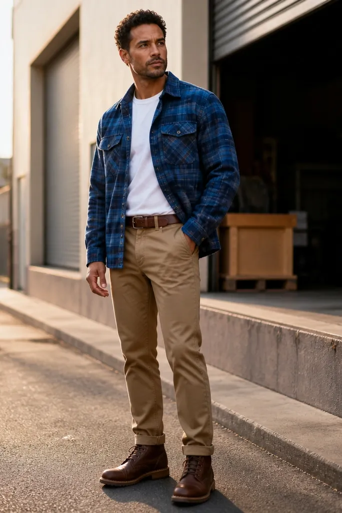 Blue flannel jacket with khaki chinos and a brown leather belt
