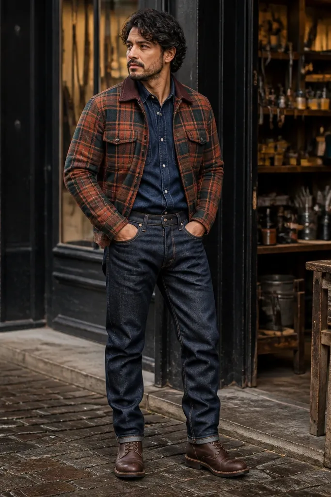 Plaid flannel jacket over a denim shirt with dark selvedge jeans