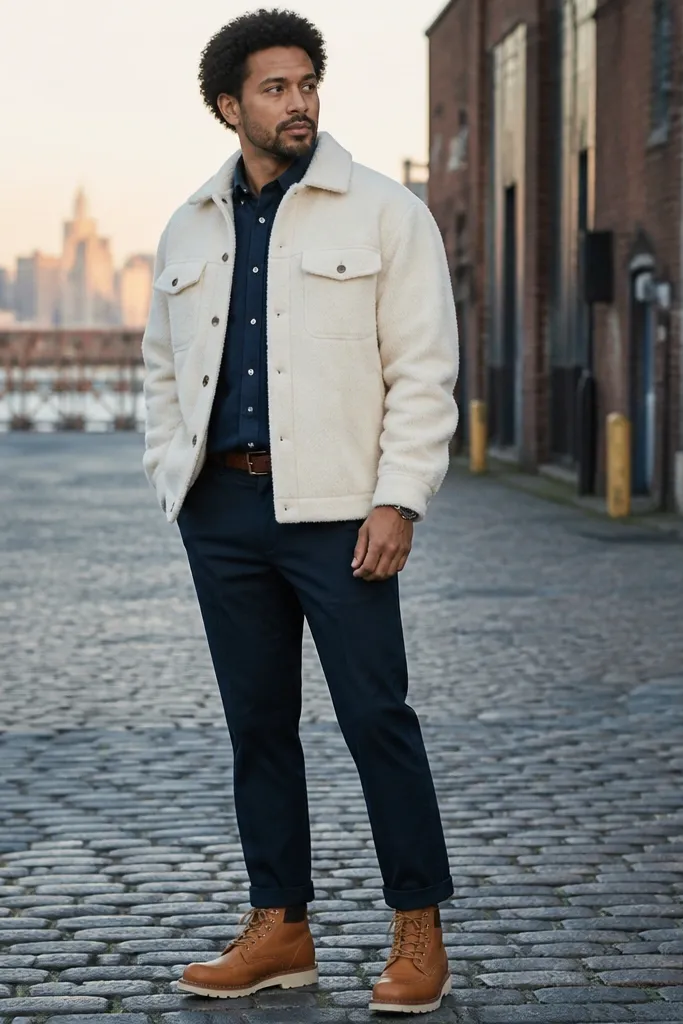 White flannel jacket over a navy work shirt with navy chinos