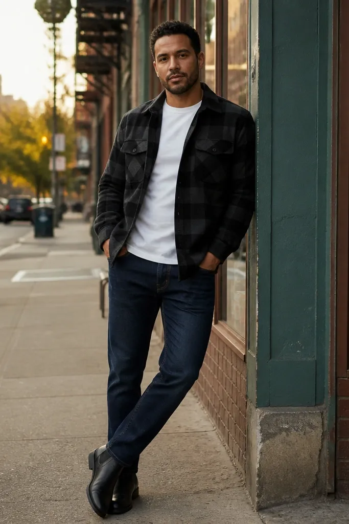 Black flannel over a white tee with dark jeans and black Chelsea boots