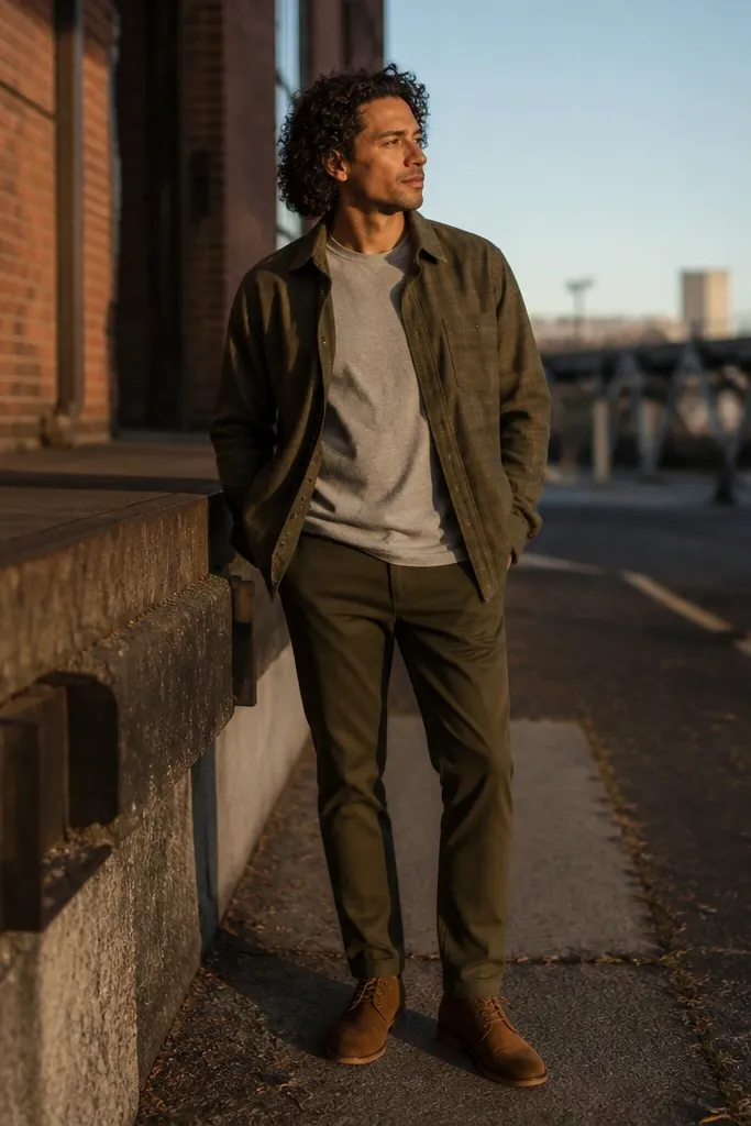 Olive flannel over gray tee with olive chinos and tan suede chukkas
