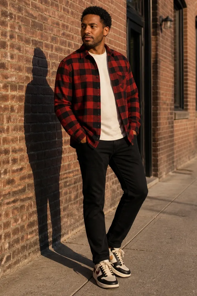 Red and black plaid flannel over an off-white tee with black jeans and retro sneakers