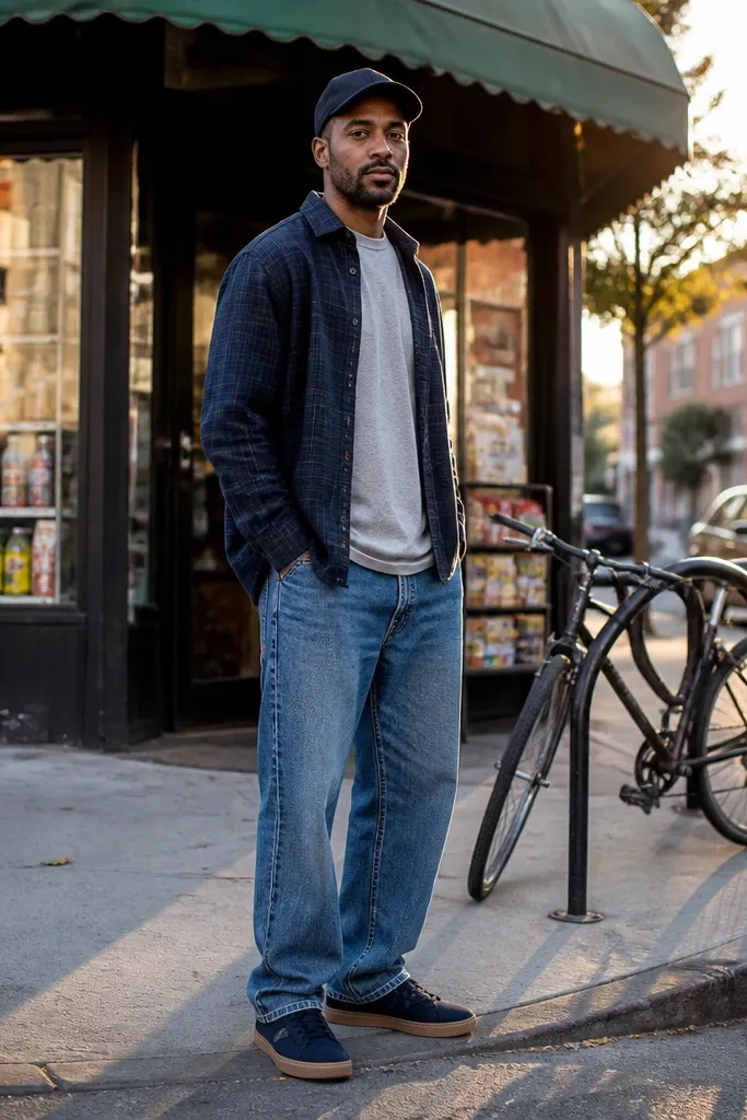 Navy flannel over a tee with light wash jeans, a navy cap, and gum-soled skate shoes