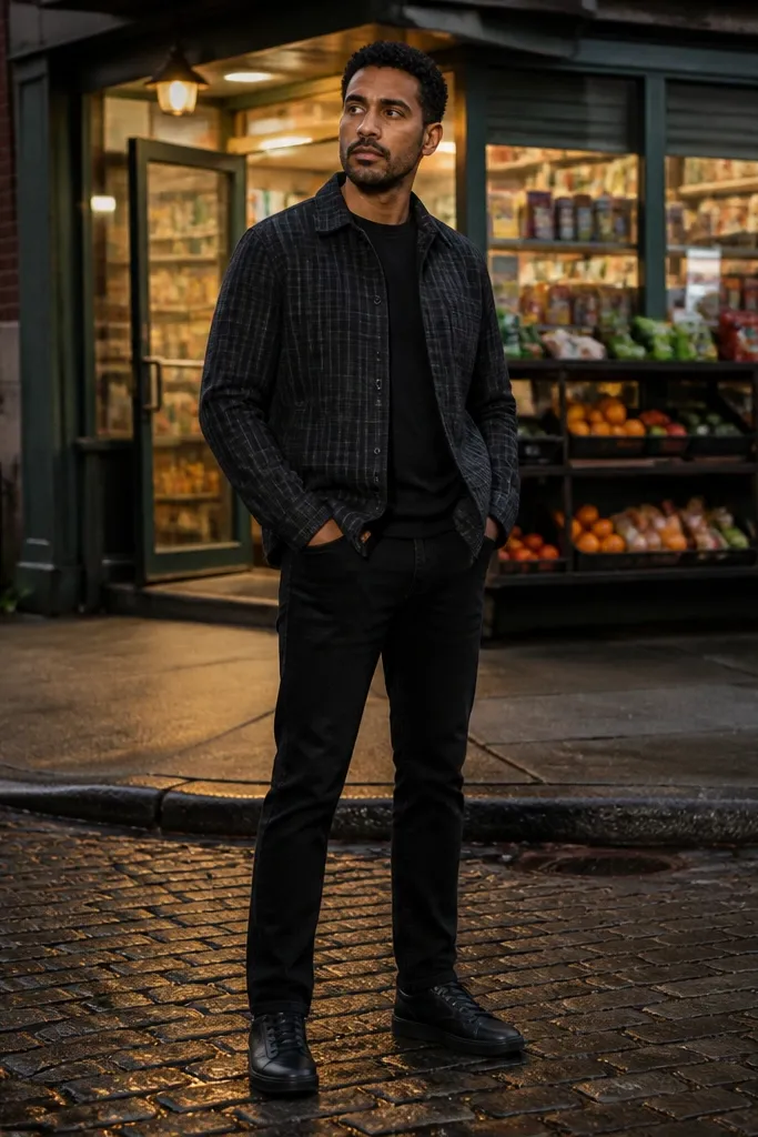 Charcoal flannel over a black crewneck with straight black jeans and leather sneakers