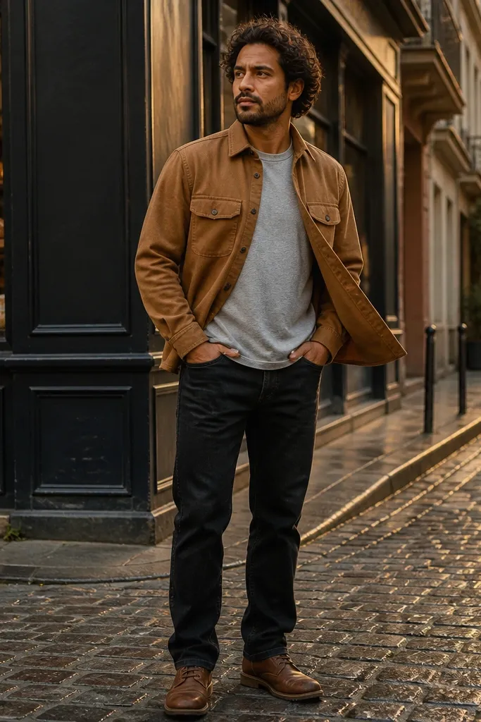 Camel flannel over gray tee with black jeans and brown work boots