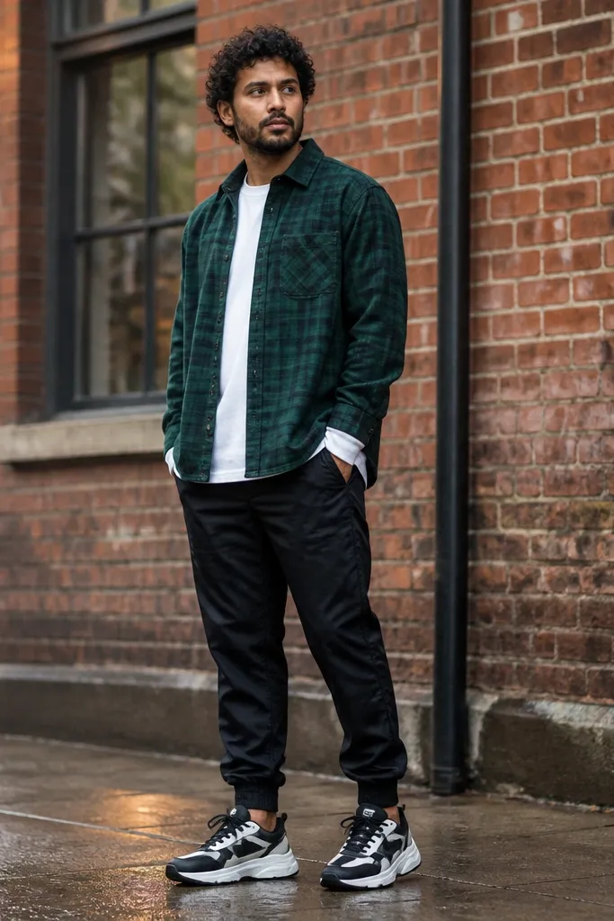 Forest green flannel over a white long-sleeve tee with black joggers and chunky sneakers