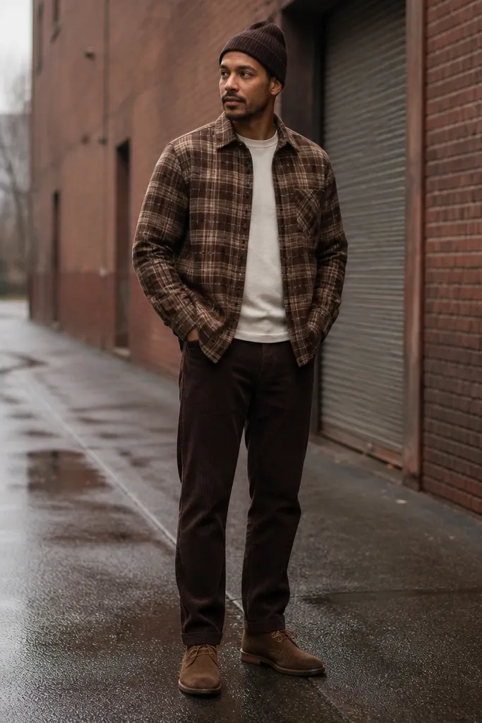 Brown plaid flannel over a tee with dark brown corduroy pants and suede desert boots