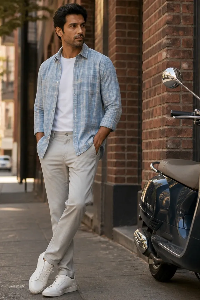 Pastel blue flannel over a white tee with light gray chinos and white sneakers