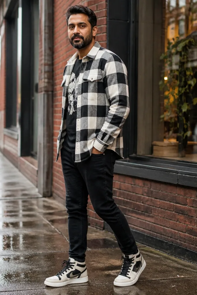 Black and cream buffalo check flannel over a graphic tee with black jeans and high-top sneakers