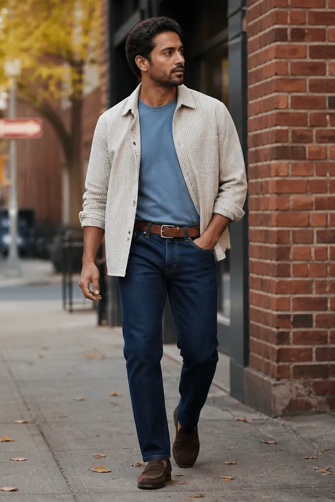 Ivory flannel overshirt over a tee with indigo jeans and dark brown loafers