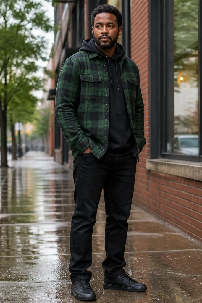 Green plaid flannel over a black hoodie with black denim and black sneakers
