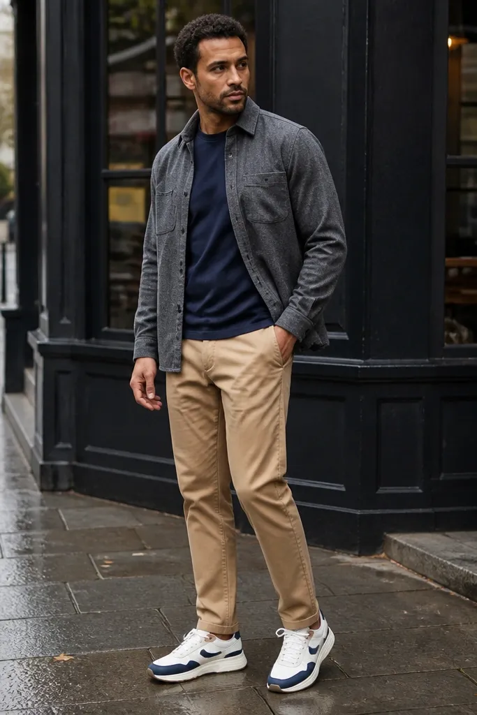 Gray flannel over a navy tee with tan chinos and white-and-navy sneakers