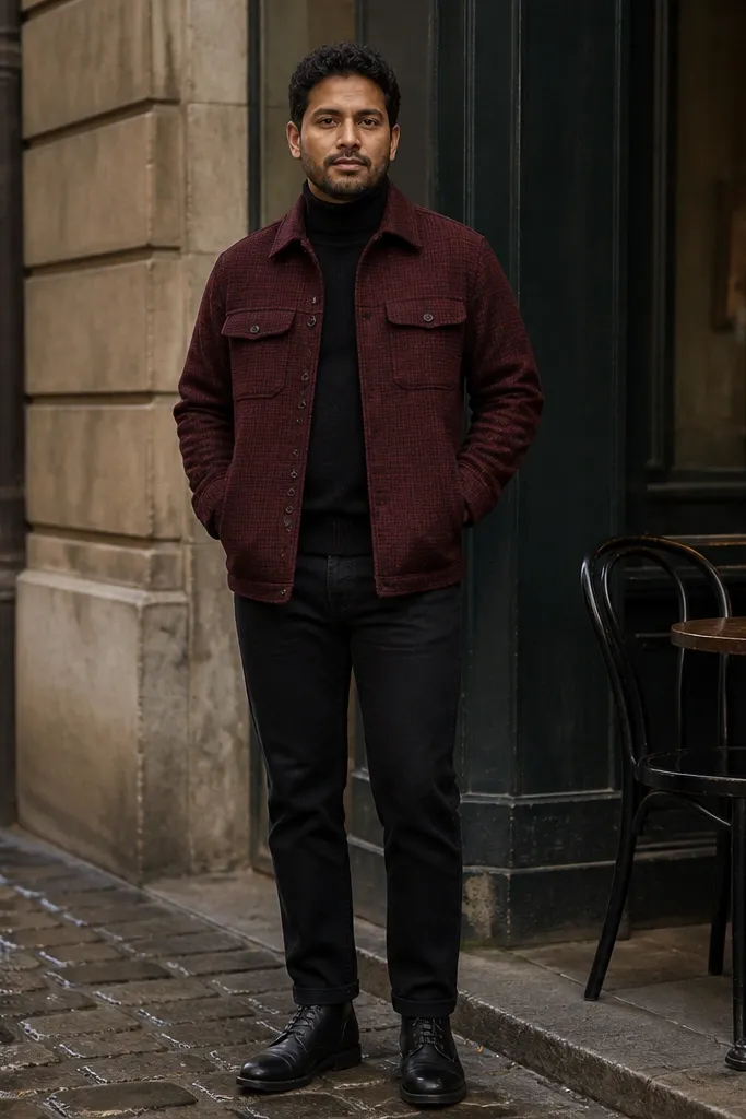 Burgundy flannel over a black turtleneck with black jeans and black lace-up boots